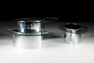 A SET OF THREE VINTAGE ITALIAN LUNARIO GLASS AND CHROME COFFEE TABLE AND TWO SIDE TABLES, DESIGNED BY CINI BOERI FOR GAVINA, MANUFACTURER'S LABEL, 197