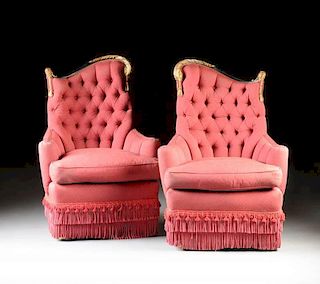 A PAIR OF VICTORIAN STYLE RED CORDED FABRIC UPHOLSTERED AND TUFTED EBONIZED WOOD ARMCHAIRS, 20TH CENTURY,