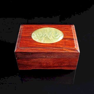 A CHINESE GREEN JADE MOUNTED HARDWOOD KEEPSAKE BOX,
