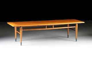 A LANE "ACCLAIM" SERIES WALNUT AND OAK COFFEE TABLE, MODEL 900-01, DESIGNED BY ANDRE BUS UNDER THE SUPERVISION OF WARREN C. CHURCH,  ALTA VISTA, VIRGI