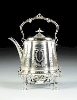 A VICTORIAN SILVER PLATED TEAPOT ON STAND WITH BURNER, MARTIN, HALL & CO., SHEFFIELD, ENGLAND, CIRCA 1854,