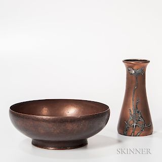Karl F. Leinonen (1866-1957) Copper Bowl and Heinz Silver-on-Copper Vase