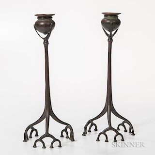 Pair of Tiffany Studios Bronze Root Candlesticks