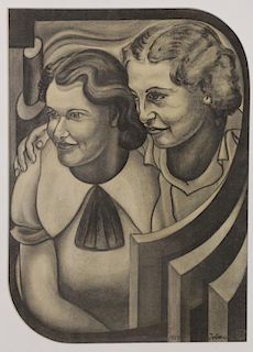 TOBIAS, Abraham. Charcoal on Paper "Two Girls at