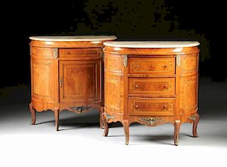 A PAIR OF MATCHED LOUIS XV/XVI TRANSITIONAL STYLE MARBLE TOPPED WALNUT SIDE CABINETS, MODERN,