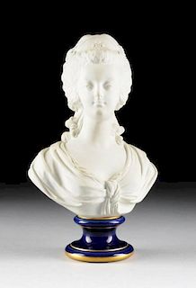 A SÃˆVRES BISQUE PORTRAIT BUST OF QUEEN MARIE-ANTOINETE, GREEN AND IRON RED MARKS, 1868,