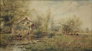 HASBROUK, DuBois. Watercolor. Cottage by a Stream.