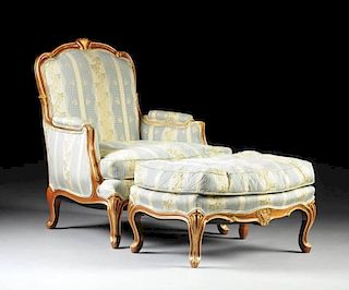A LOUIS XV STYLE PARCEL GILT AND CARVED WOOD BERGÃˆRE AND OTTOMAN, MODERN,
