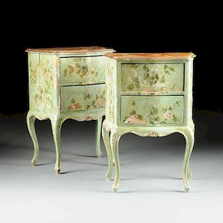 A PAIR OF VENETIAN ROCOCO STYLE SILVER LEAF AND POLYCHROME PAINTED GREEN GROUND BEDSIDE COMMODES, SECOND QUARTER 20TH CENTURY,