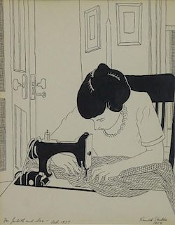 STUBBS, Kenneth. Ink on Paper. Woman Sewing, 1954.