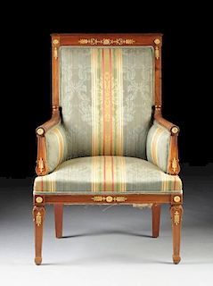 AN EMPIRE STYLE GILT BRONZE MOUNTED MAHOGANY BERGÃˆRE, LATE 19TH/EARLY 20TH CENTURY,