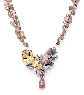 * A Silver, Gold Vermeil, Druzy Agate, Tourmaline, Cultured Pearl and Andalusite Brooch/Necklace, Angela Conty, 28.90 dwts.