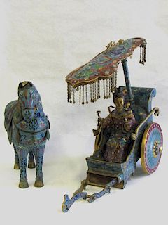 Large Chinese Cloisonne Woman in Chariot.