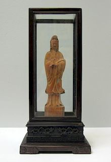 Carved Wood Figure of Guanyin in Case.