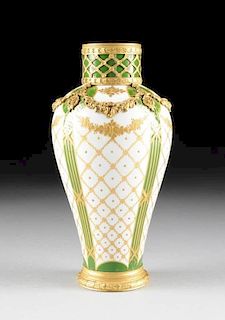 A SÃˆVRES STYLE GILT BRONZE MOUNTED AND PARCEL GILT GREEN GROUND VASE, LATE 19TH/EARLY 20TH CENTURY,