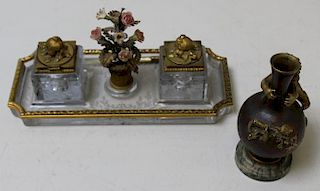 Antique Bronze and Glass Inkwell Together with