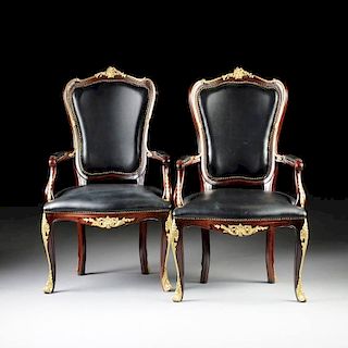 A PAIR OF ROCOCO REVIVAL STYLE GILT BRONZE MOUNTED MAHOGANY ARM CHAIRS, MODERN,