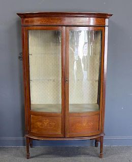 Antique Edwardian Inlaid and Curved Glass Vitrine.