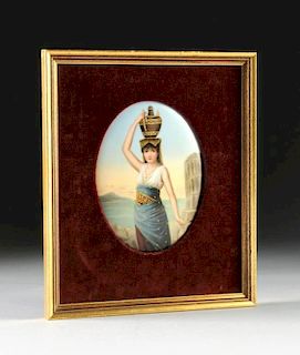 A CONTINENTAL POLYCHROME PAINTED PORCELAIN PLAQUE, TITLED POMPEIAN MAIDEN, POSSIBLY GERMAN, LATE 19TH CENTURY,