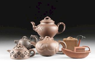 A GROUP OF SIX UNUSUAL YIXING EARTHENWARE TEAPOTS, EACH SIGNED, LATE 20TH CENTURY,