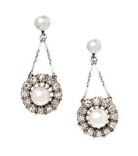 A Pair of 14 Karat White Gold, Cultured Pearl and Diamond Pendant Earclips, 7.80 dwts.