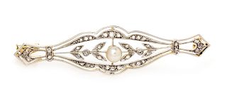 A Bicolor Gold, Pearl and Diamond Bar Brooch, 3.40 dwts.