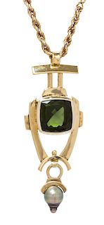A Yellow Gold, Green Tourmaline and Cultured Pearl Pendant, 22.10 dwts.