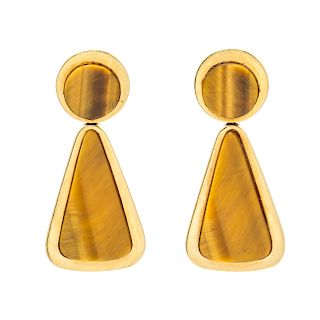 Pair of 18 Karat Yellow Gold and Tiger's Eye Pendant Earclips, 14.60 dwts.