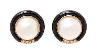 A Pair of 18 Karat Yellow Gold, Cultured Mabe Pearl, Diamond and Onyx Earclips, Trio, 22.65 dwts.