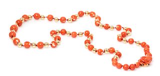 A 14 Karat Yellow Gold and Coral Bead Necklace, 48.50 dwts.