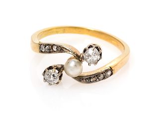 An Edwardian Silver Topped Yellow Gold, Pearl and Diamond Ring, 1.10 dwts.