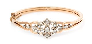 A Silver Topped 18 Karat Rose Gold and Diamond Bangle Bracelet, French, 10.35 dwts.