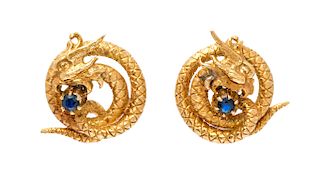 A Pair of Yellow Gold and Sapphire Griffin Motif Earclips, 7.35 dwts.