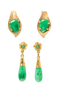 A Collection of Yellow Gold and Jade Earrings, 4.80 dwts.