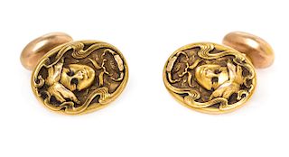 A Pair of Art Nouveau 14 Karat Yellow Gold Cufflinks, 5.60 dwts.