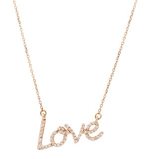 A 14 Karat Rose Gold and Diamond 'Love' Necklace, 1.30 dwts.