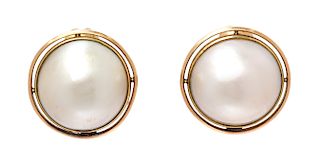 A Pair of 14 Karat Yellow Gold and Cutured Mabe Pearl Earclips, 9.65 dwts.