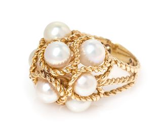 A 14 Karat Yellow Gold and Cultured Pearl Ring, 7.85 dwts.