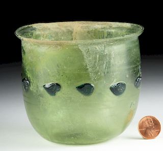 Large Roman Green Glass Jar w/ Applied Blue Spots