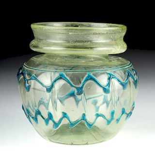 Large Roman Glass Jar w/ Added Blue Rigaree