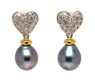 A Pair of Yellow Gold, Diamond and Cultured South Sea Pearl Earrings, 5.80 dwts.