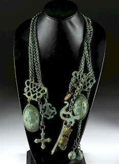 Massive Viking Bronze Chain Necklace w/ Many Pendants