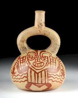 Early Moche Pottery Trophy Head Stirrup Vessel