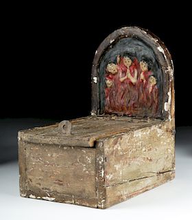 Rare 19th C. Mexican Wooden Alms Box w/ Purgatory Scene