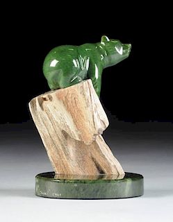LYLE SOPEL (Canadian b.1951) A CARVED HARDSTONES FIGURAL SCULPTURE, "Climbing Bear,"