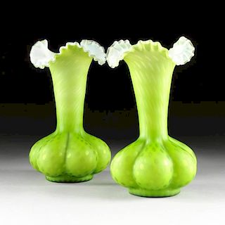 A PAIR OF BRIGHT GREEN LOBED SATIN GLASS VASES, PROBABLY AMERICAN, CIRCA 1900,