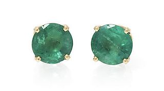 * A Pair of Yellow Gold and Emerald Stud Earrings, 1.15 dwts.