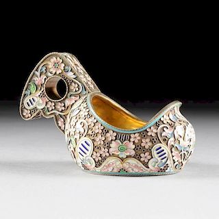 A RUSSIAN LATE NINETEENTH CENTURY STYLE SILVER GILT AND CLOISONNÉ ENAMEL KOVSH, UNKNOWN MAKER, CIRCA 1980,