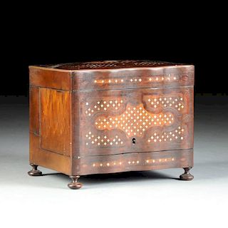 A NAPOLEON III MOTHER OF PEARL AND BURLED MAHOGANY INLAID ROSEWOOD TANTALUS CASE, THIRD QUARTER 19TH CENTURY,