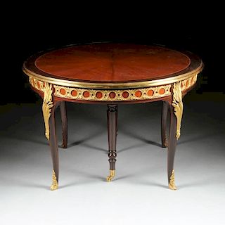 A LOUIS XV/XVI TRANSITIONAL STYLE  GILT BRONZE MOUNTED KINGWOOD CROSS-BANDED AND AMARANTH INLAID DINING TABLE, 20TH CENTURY,